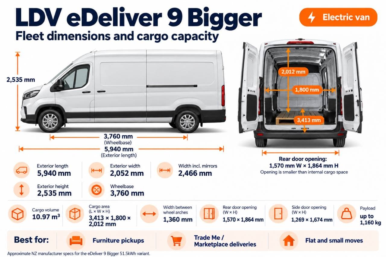 LDV eDeliver 9 dimensions and cargo capacity graphic